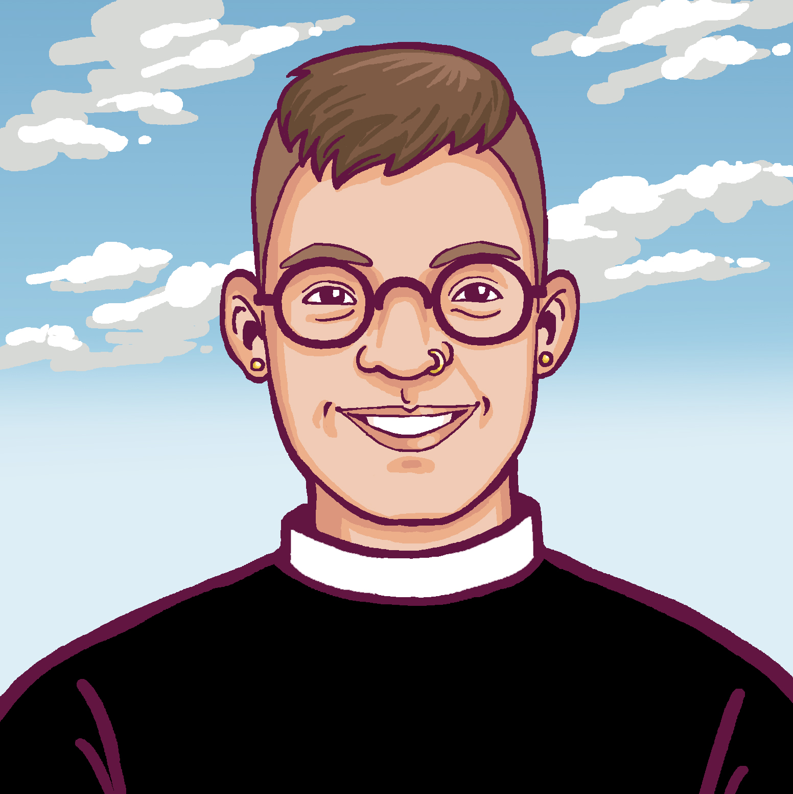 A cartoon of Flourish Klink, a white person wearing round glasses and a clergy shirt with a round collar.